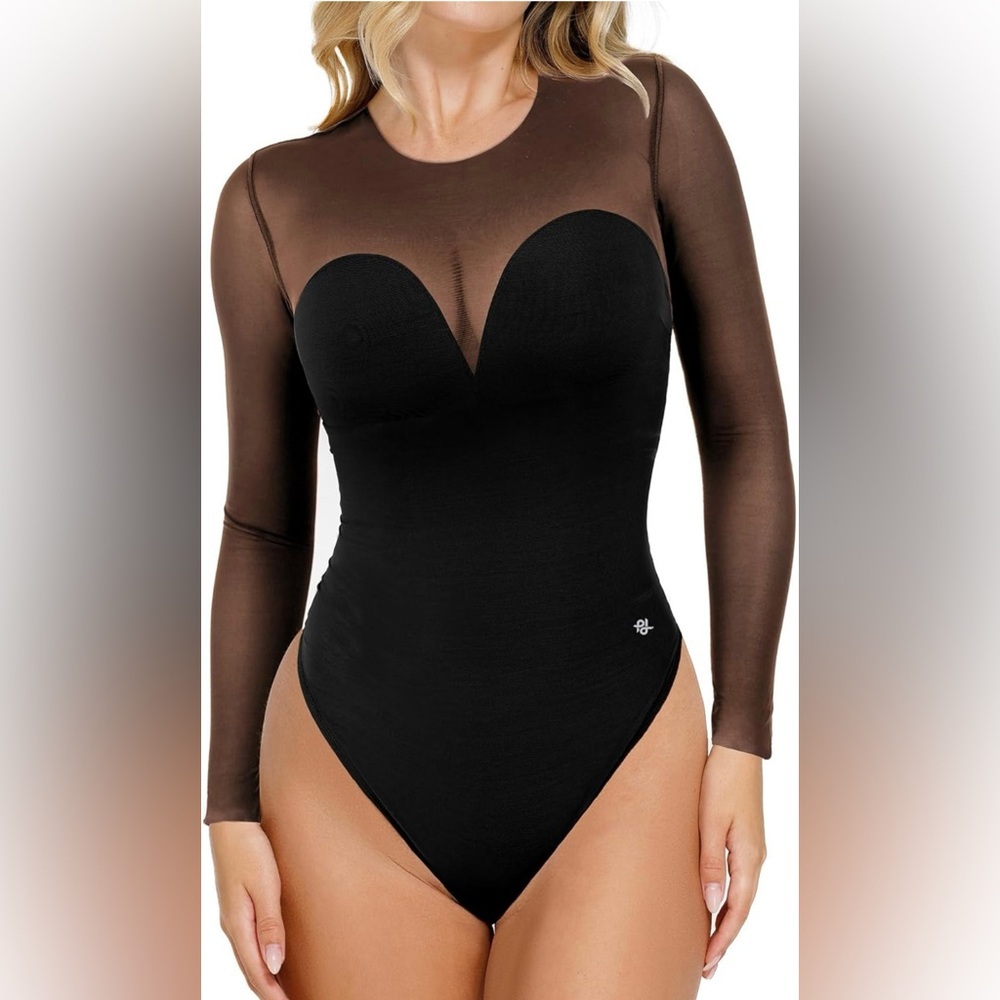 NWT Popilush Sheer Mesh Shapewear Long Sleeve Thong Bodysuit